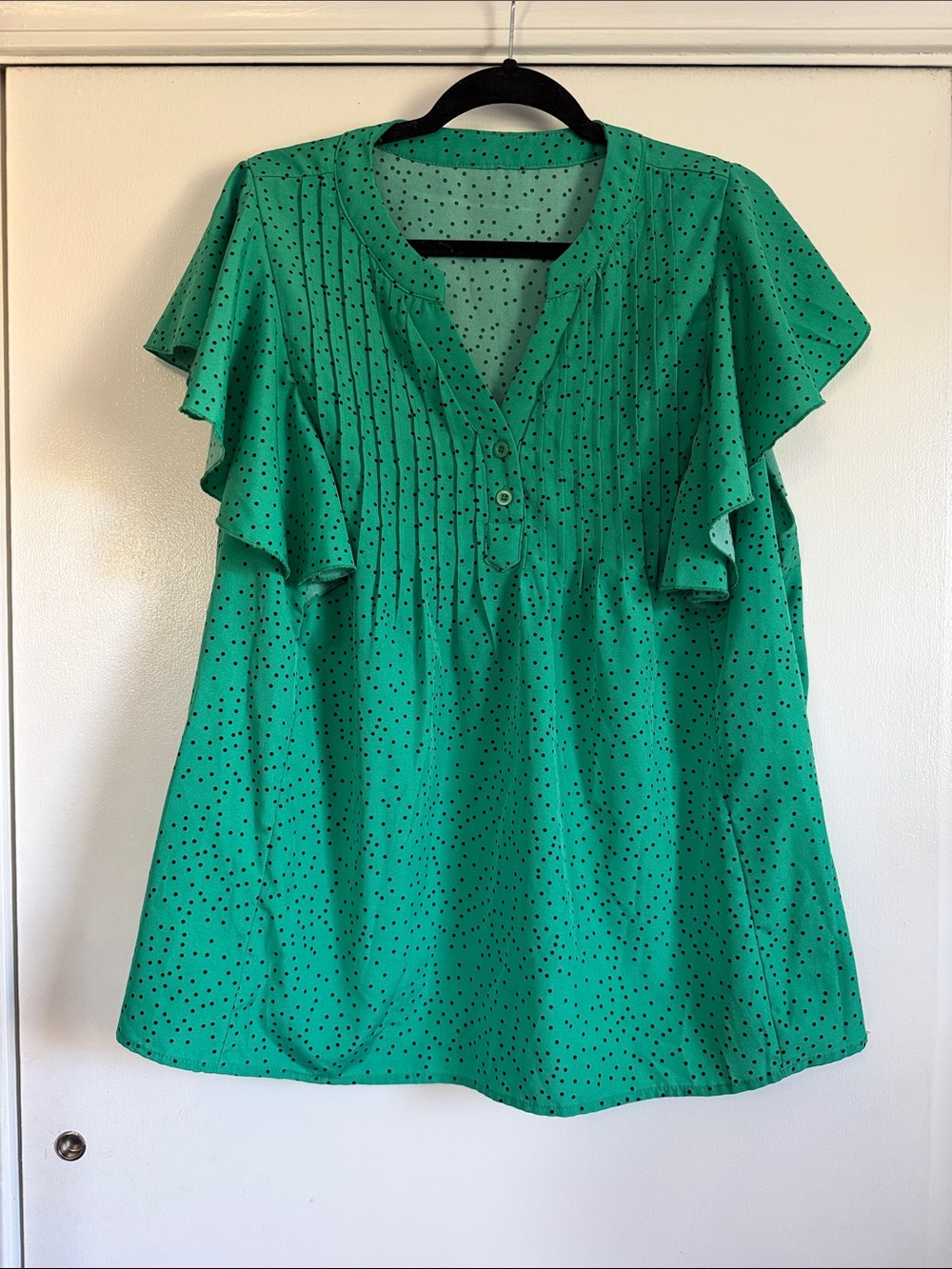 SHEIN Emerald Green Pintuck Flutter Sleeve Blouse